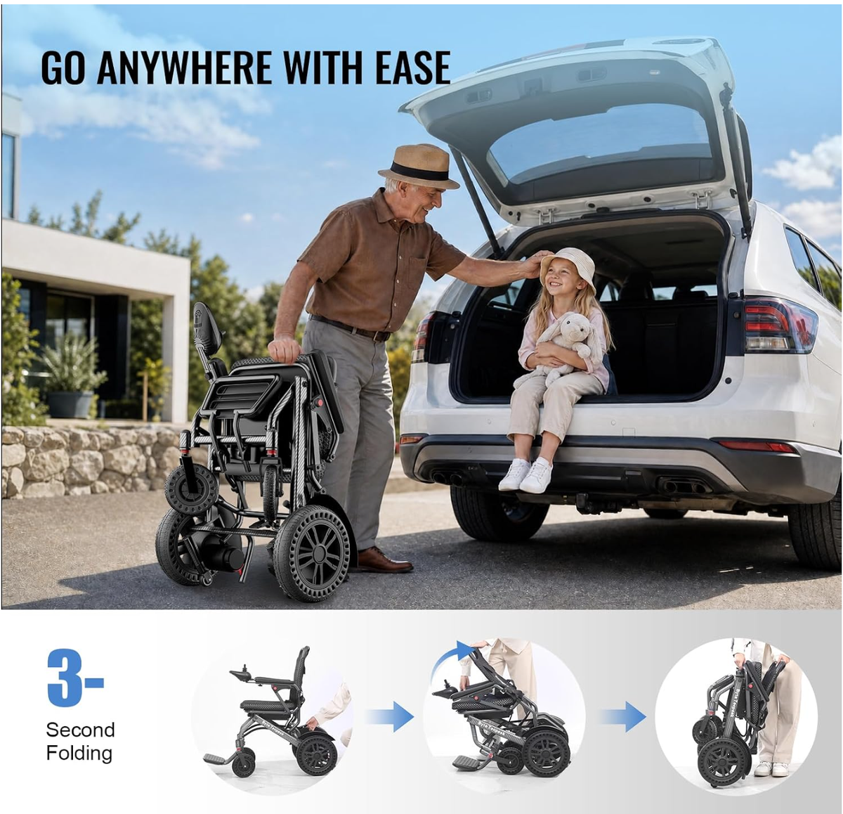 D14 Folding Electric Wheelchair for Adults,12Ah Removable Lithium Battery, Black